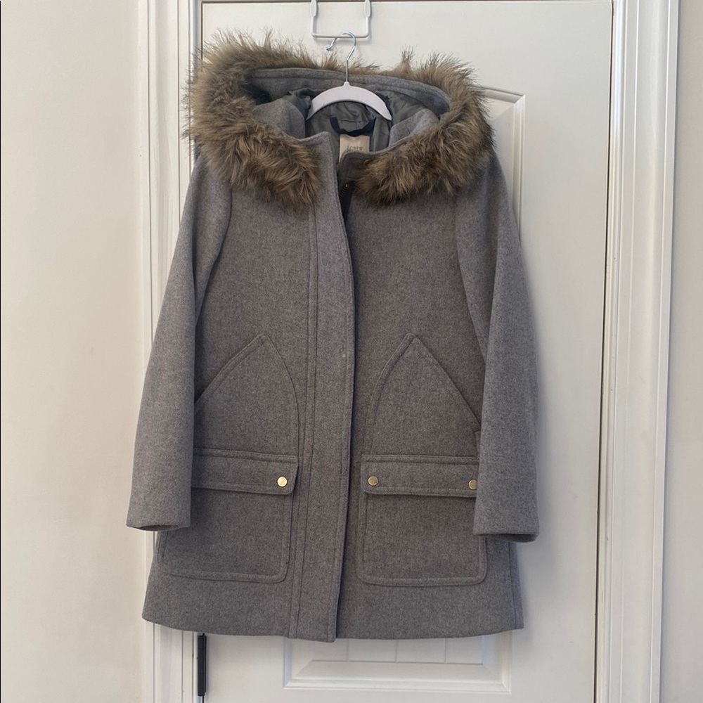 J.Crew Stylish Gray Coat with Faux Fur Trim. 
Size 2 petite